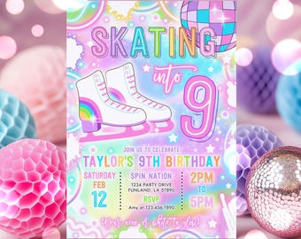 Editable Ice Skating 9th Birthday Party Invitation Skatin' Into Nine Neon Glow Skating Party Ice Rink Disco Instant Download Y7H