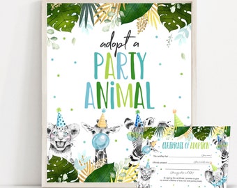 Adopt An Animal Adoption Certificate Safari Adoption Certificate And Sign Set Party Animals Adoption Certificate & Sign Instant Download PS