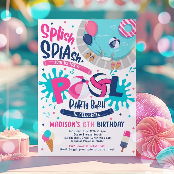 Editable Volleyball Pool Party Birthday Invitation Girl Summer Volleyball Beach Birthday Pool Beach BBQ Birthday Party Instant Download T3Y