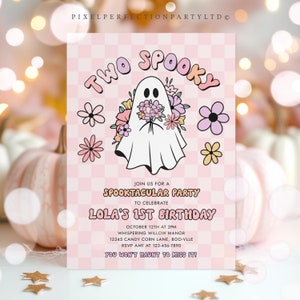 Editable Two Spooky Halloween Ghost 2nd Birthday Invitation Retro Groovy Pink Ghost Halloween Birthday Party Instant Download UW8