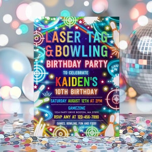Editable Laser Tag Bowling Birthday Party Invitation Neon Glow Laser Tag And Bowling Party Neon Glow Gaming Party Instant Download CM
