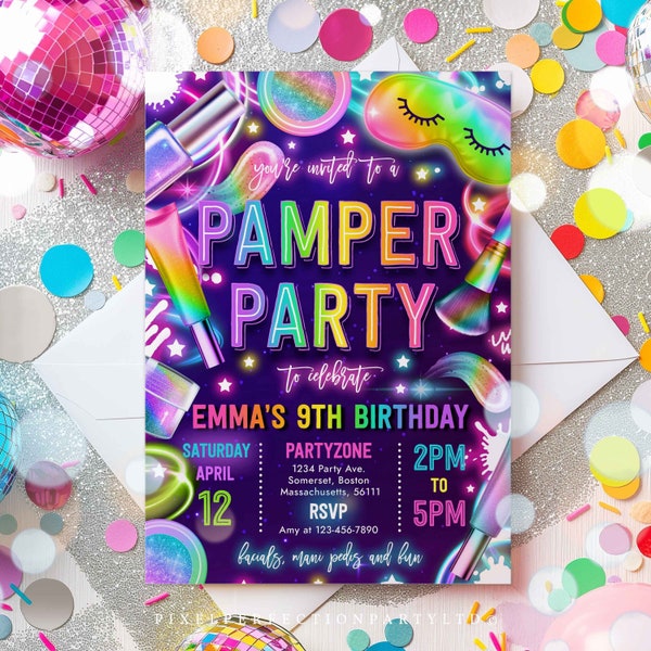 Editable Pamper Party Birthday Invitation Neon Glow Pamper Spa Party Invitation Glitz and Glam Makeup Neon Glow Party Instant Download TR5
