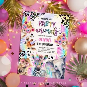 Editable Party Animals Birthday Invitation Pastel Rainbow Cheetah Print Leopard Print Wild Safari Animals Birthday Party Invite Download XQ image 2