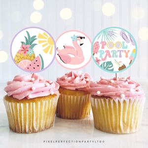 Pool Party Cupcake Toppers Tropical Splish Splash Girly Pool Party Summer Swimming Pool Splash Pad Party Favor Tags Instant Download FK