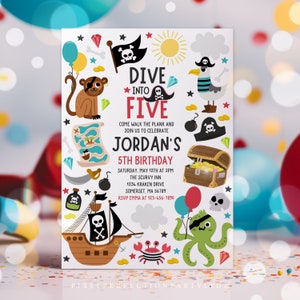 Editable Dive Into Five Pirate 5th Birthday Party Invitation Pirate Ship Invitation Pirate Treasure Invite Pirate Party Instant Download SAQ