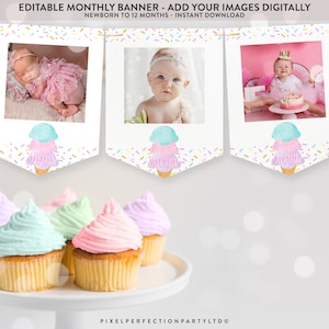 Editable Ice Cream Monthly Photo Banner Pink Girl Ice Cream 1st Birthday Monthly Photo Banner Sweet One Ice Cream Party Instant Download WC image 1