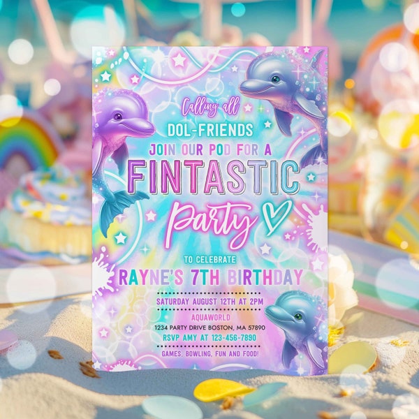 Editable Dolphin Birthday Party Invitation Tie Dye Neon Glow Dolphin Party Under The Sea Rainbow Dolphin Birthday Party Instant Download KD