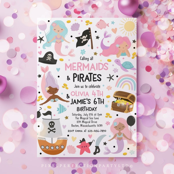 Editable Mermaid And Pirate Birthday Party Invitation Sibling Mermaid & Pirate Party Sibling Joint Mermaid Pirate Party Instant Download S4