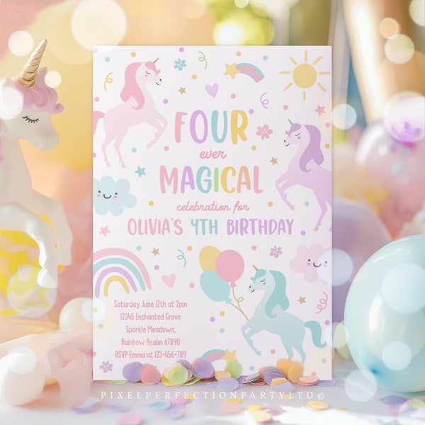Editable Unicorn Four Ever Magical 4th Party Birthday Invitation Magical Whimsical Pastel Rainbow Unicorn 4th Birthday Instant Download UY6