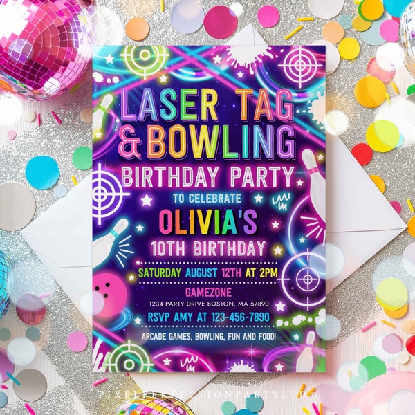 Editable Laser Tag Bowling Birthday Party Invitation Neon Glow Laser Tag And Bowling Party Neon Glow Gaming Party Instant Download A2