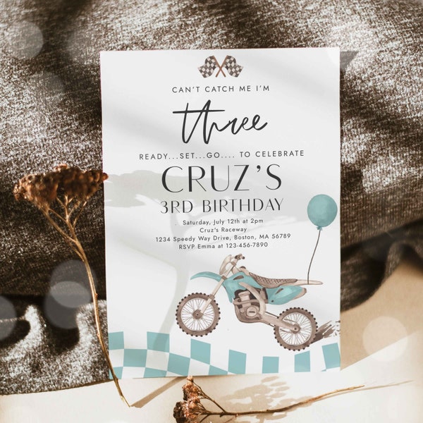 Editable Can't Catch Me I'm Three Dirt Bike Birthday Party Invitation Boy Racing Dirt Biking 3rd Birthday Invitation Instant Download RT4