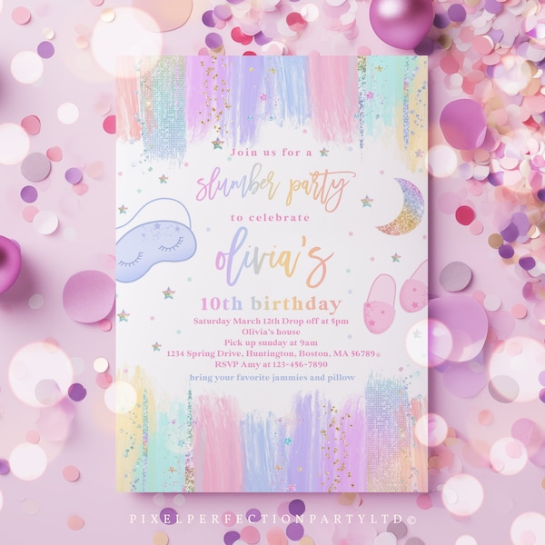 Editable Slumber Birthday Party Invitation Sleepover Birthday Party Invitation Rainbow Spa Tween Teen Birthday Party Instant Download TF