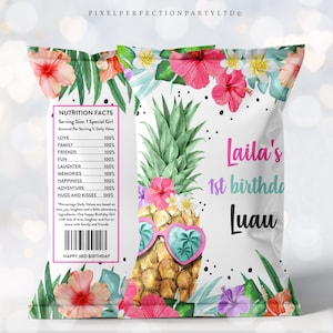 Editable Hawaiian Luau Birthday Chip Bag Favors Pineapple 1st Birthday Party Luau 1st Birthday Luau Pineapple Pool Party Instant download P5