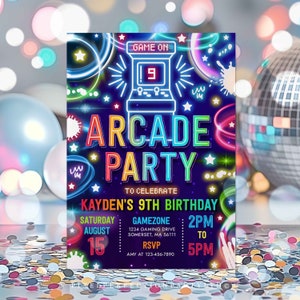 Editable Arcade Party Birthday Invitation Boy Neon Glow Retro Video Gaming Arcade Birthday Party Neon Glow Gaming Party Instant Download C4
