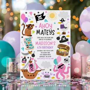 Editable Girl Pirate Birthday Party Invitation Pirate Ship Invitation Cute Pink Pirate Party Treasure Map Pirate Party Instant Download SAZ