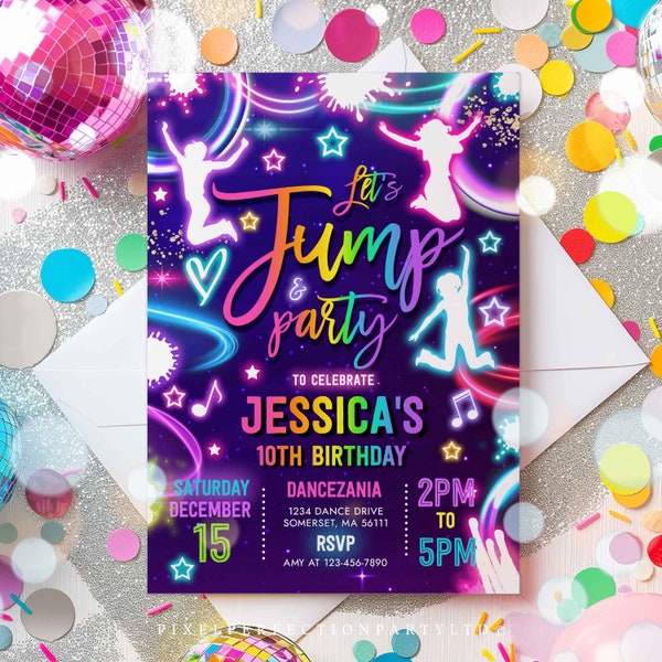 Editable Jump Birthday Party Invitation Neon Glow Jump Birthday Party Glow Jump Trampoline Party Let's Jump Party Instant Editable File IU