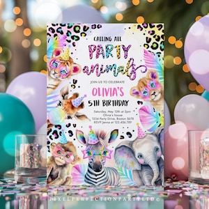 Editable Party Animals Birthday Invitation Pastel Rainbow Cheetah Print Leopard Print Wild Safari Animals Birthday Party Invite Download XQ