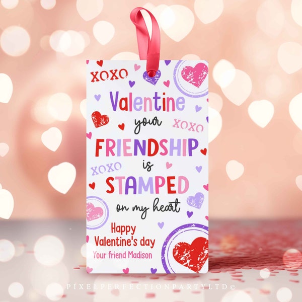 Editable Valentines Stamp Gift Tags Ink Stamper Valentine Friendship Stamped On My Heart Classroom Classmate Gift Tag Instant Download VL