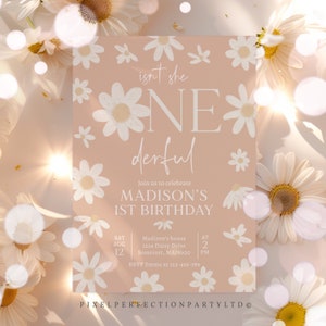 Editable Isn't She ONEderful Daisy 1st Birthday Party Invitation Boho Neutral Tan Daisy Floral 1st Birthday Party Instant Download B7U