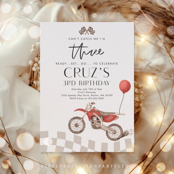 Editable Can't Catch Me I'm Three Dirt Bike Birthday Party Invitation Boy Racing Dirt Biking 3rd Birthday Invitation Instant Download RT5