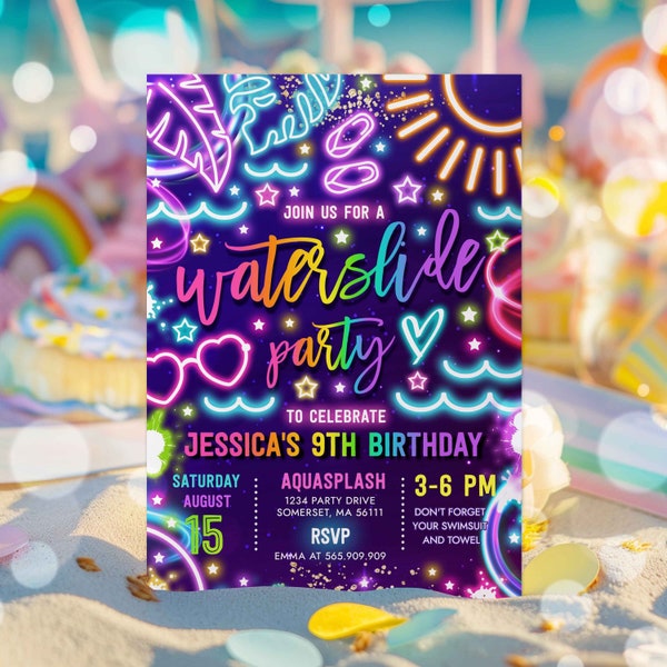 Editable Water Slide Birthday Party Invitation Glow Neon Summer Water Slide Splash Pad Water Park Birthday Party Invite Instant Download TX