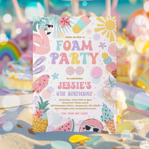 Editable Foam Birthday Party Invitation Tropical Pool Foam Girly Pool Party Invite Summer Splash Pad Party Instant Download FK