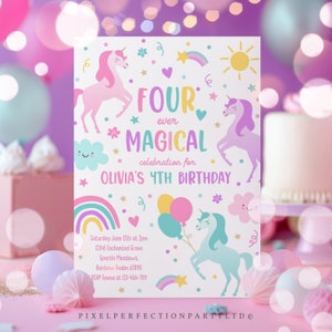 Editable Unicorn Four Ever Magical 4th Party Birthday Invitation Magical Whimsical Pastel Rainbow Unicorn 4th Birthday Instant Download UY8
