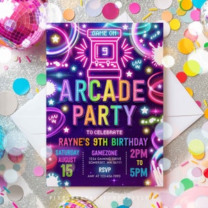 Editable Arcade Party Birthday Invitation Neon Glow Retro Video Gaming Arcade Birthday Party Neon Glow Gaming Party Instant Download C3