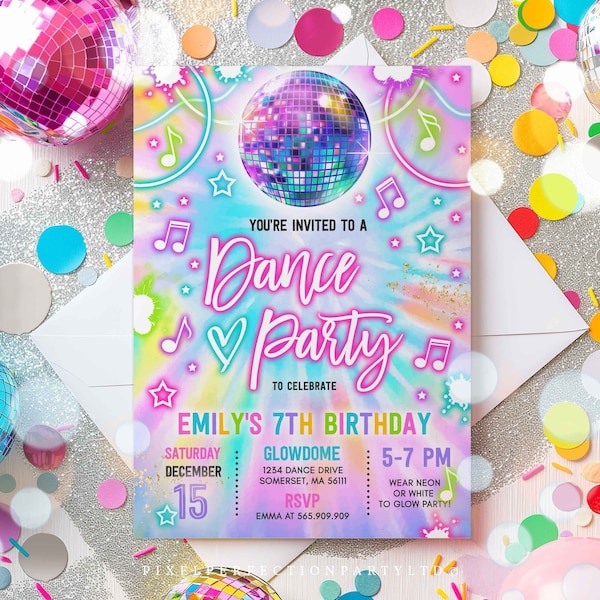 Editable Dance Party Invitation Tie Dye Dance Party Invitation Glow Tie Dye Dance Party Neon Glow Disco Dance Party Instant Download Y1