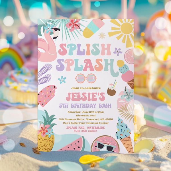 Editable Tropical Splish Splash Water Birthday Party Invitation Girly Splash Pad Water Slide Paddling Pool Summer Party Instant Download FK