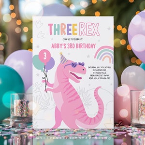 Editable Three Rex Dinosaur Birthday Party Invitation Pink T-Rex Dinosaur 3rd Birthday Party T-Rex Dino Rawr Birthday Party Download 1PQ