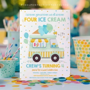 Editable Ice Cream Truck Birthday Invitation I scream You Scream We All Scream Four Ice Cream 4th Birthday Party Invite Instant Download XJ