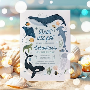 Editable Dive Into Five 5th Birthday Party Invitation Under The Sea Birthday Whale Turtle Shark Sea Life Birthday Party Instant Download HS3