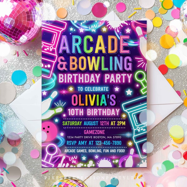 Editable Arcade Bowling Birthday Party Invitation Neon Glow Video Gaming And Bowling Party Neon Glow Gaming Party Instant Download A3