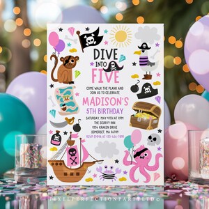 Invitación editable para fiesta de quinto cumpleaños de niña pirata con diseño de barco pirata rosa femenino, descarga instantánea de SAZ