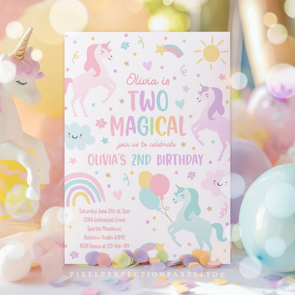 Editable Unicorn Two Magical 2nd Birthday Invitation Magical Whimsical Pastel Fairytale Rainbow Unicorn 2nd Birthday Instant Download UY6