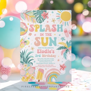 Editable Splash In The Sun Birthday Party Invitation Tropical Summer Pineapple Luau Girl Pool Party Splish Splash Party Instant Download 4RA