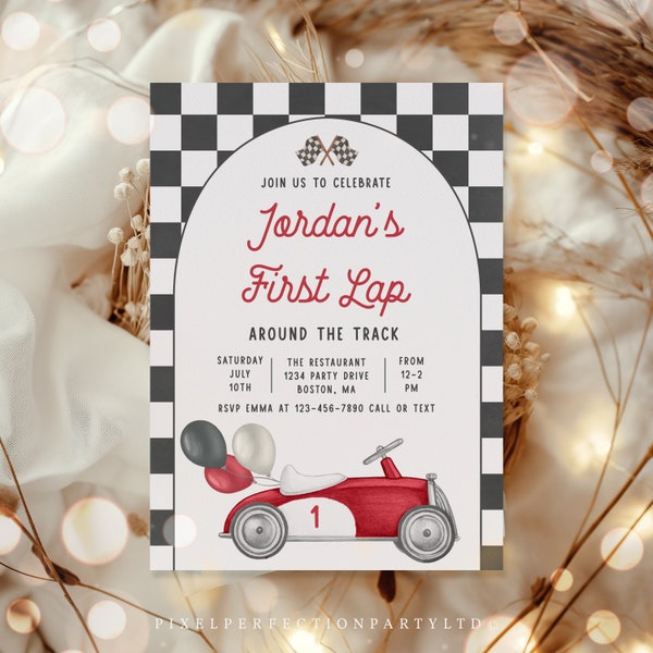 Editable Race Car 1st Birthday Party Invitation First Lap Around The Track Vintage Race Car 1st Birthday Racing Party Instant Download RC1