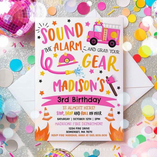 Editable Pink Fire Truck Invitation Pink Firetruck Birthday Invitation Firefighter Birthday Invite Pink Fire Truck Party Instant File X4
