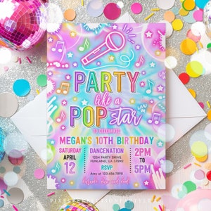 Editable Pop Star Birthday Party Invitation Neon Glow Party Like A Popstar Birthday Party Neon Glow Singing Music Party Instant Download T8U