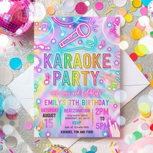 Editable Karaoke Birthday Party Invitation Tie Dye Karaoke Birthday Neon Glow Tie Dye Karaoke Party Music Singing Party Instant Download U87