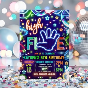 Editable High Five Birthday Party Invitation Neon Glow High Five Hi Five 5th Birthday Party Boys 5th Birthday Party Instant Download H47