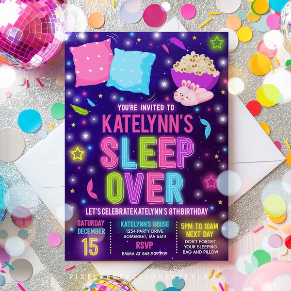 Editable Sleepover Invitation Slumber Party Invitation Sleepover Birthday Invitation Pajama Party Neon Glow Sleepover Party  Instant File GN