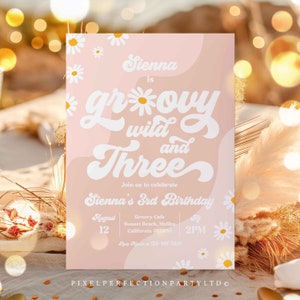 Editable Groovy Wild And Three 3rd Birthday Invitation Boho Daisy Wild & Three Groovy Hippie Floral 70&#39;s Hippie Party Instant Download J6