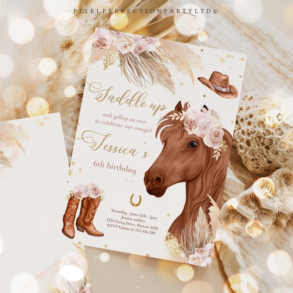 Editable Cowgirl Birthday Invitation Boho Horse Birthday Party Invite Muted Pink Tone Pampas Grass Cowgirl Horse Party Instant Download R8