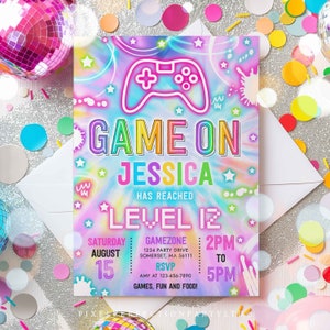 Editable Video Game Birthday Invitation Gamer Girl Birthday Party Tie Dye Neon Glow Game On Level Up Birthday Party Instant Download T8U