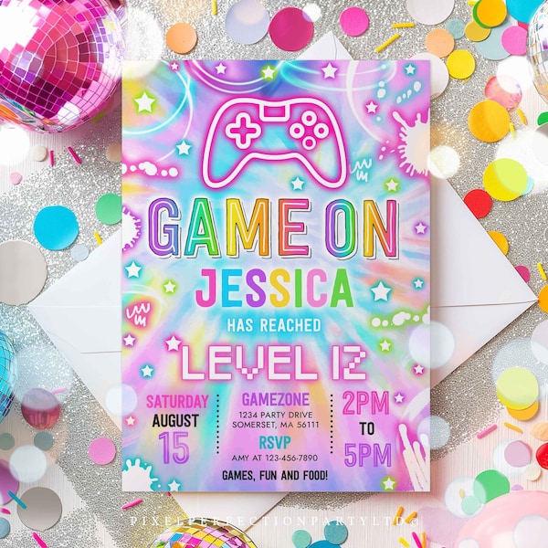 Editable Video Game Birthday Invitation Gamer Girl Birthday Party Tie Dye Neon Glow Game On Level Up Birthday Party Instant Download KW