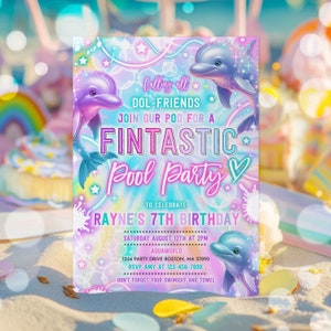 Editable Dolphin Pool Party Invitation Tie Dye Neon Glow Dolphin Under The Sea Pool Birthday Party Rainbow Dolphin Party Instant Download KD