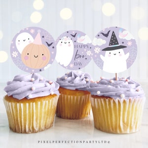 Rosa Halloween fantasma fiesta de cumpleaños Cupcake Toppers fantasma espeluznante uno dos espeluznantes fantasma holográfico topper etiquetas decoración descarga instantánea 45D