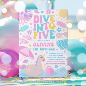 Editable Dive Into Five 5th Birthday Party Invitation Tropical Summer Splish Splash Girly Pool Birthday Party Instant Download SY5